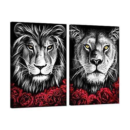 Ihappywall ライオンとライオンのキャンバス壁アート 黒と白のライオン 赤い花 動物の絵 アートワーク 寝室 ホームデコレーション 枠張り済み 並行輸入品 B08xb4mk65 Trend Store 通販 Yahoo ショッピング