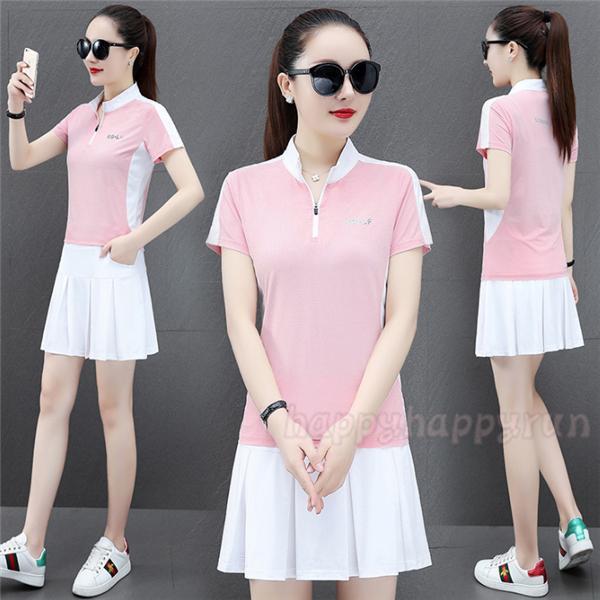 ゴルフウェア レディース 大きいサイズ 3l ll 夏 30代 40代 50代 プリーツ テニス 半袖シャツ＆スカート上下セット セットアップ コーデ trenda3