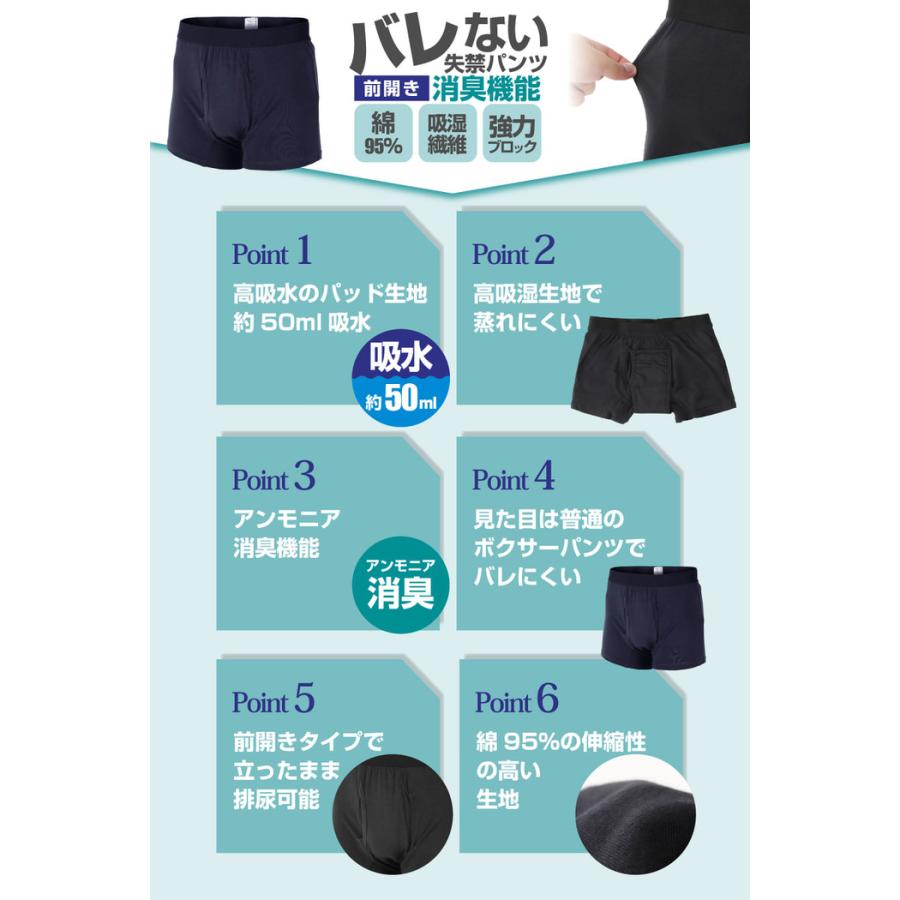 しっかり消臭 外出専用 失禁ボクサーパンツ らくらく前開きタイプ 尿モレ 失禁パンツ パッド付 尿モレ メンズ パンツ 失禁 尿もれ 消臭 吸水パンツ ボクサー 綿 |  | 04