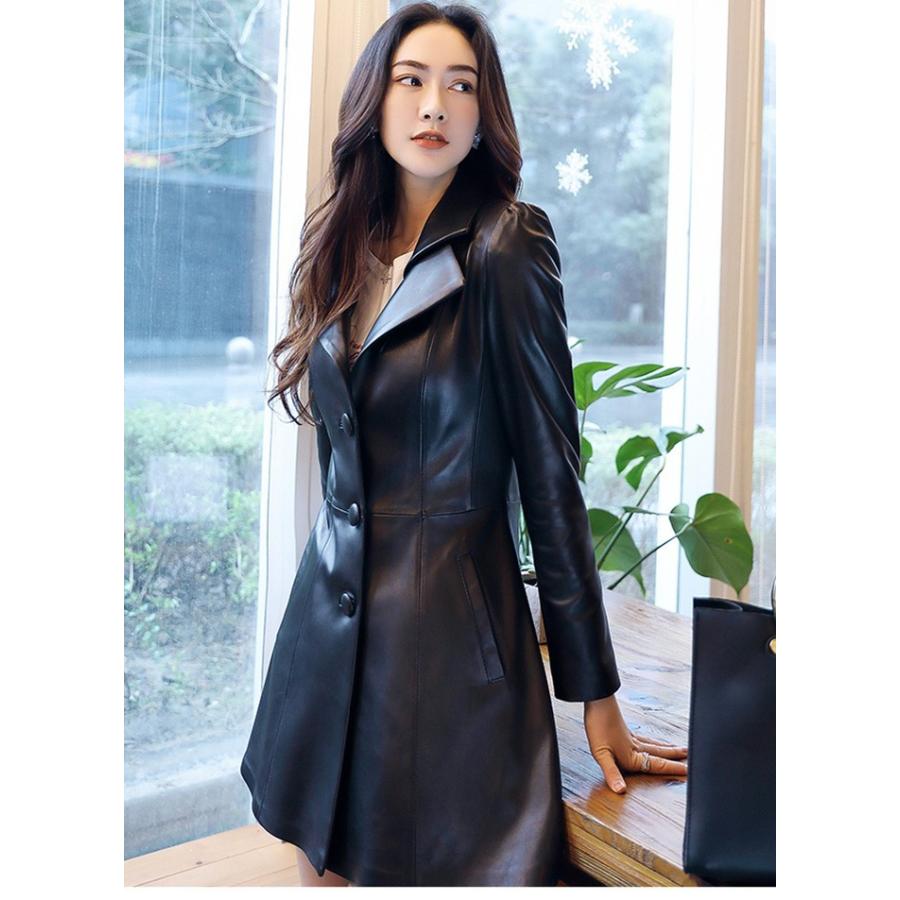 本革 ラムレザー ロングコート ロングジャケット レディース 春秋レザーコート 折り襟 フリア裾 本革 羊革コート ラムレザーアウター Black Yd117 Trendy Me 通販 Yahoo ショッピング