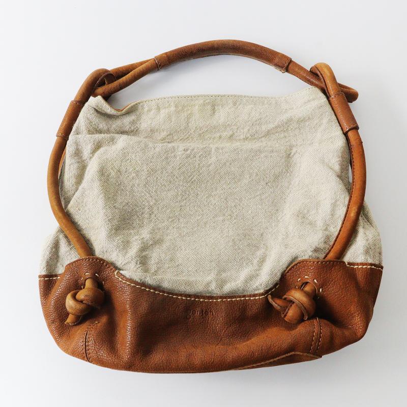 ゲンテン GENTEN レザー キャンバス トートバッグ /ブラウン ベージュ 