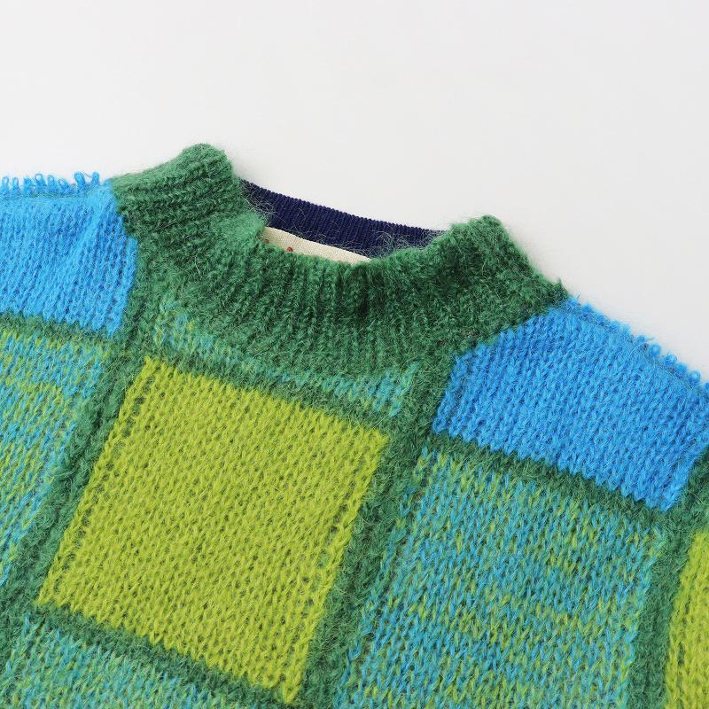 定価25万 2022AW マルニ MARNI ウール モヘヤ ブレンド プルオーバー 42/グリーン ネイビー パッチワーク チェック 総柄【2400013736466】 MARNI - 定価25万 2022AW マルニ MARNI ウール モヘヤ ブレンド プル
