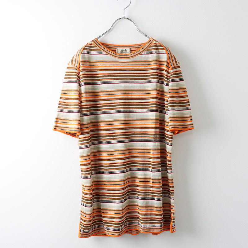 メンズ JPタグ エルメス HERMES リネンシルク サマーニット ボーダー 半袖 Tシャツ M/オレンジ イタリア製 TEE【2400013982009】 HERMES（エルメス） 【スプリングセール】メンズ JPタグ リネンシルク