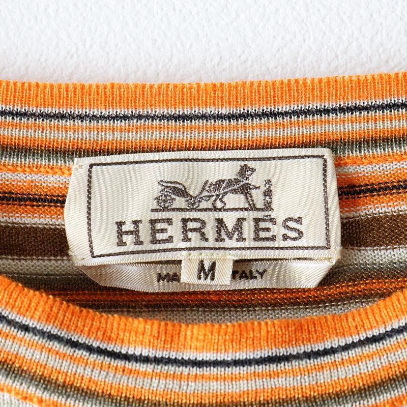メンズ JPタグ エルメス HERMES リネンシルク サマーニット ボーダー 半袖 Tシャツ M/オレンジ イタリア製 TEE【2400013982009】 HERMES（エルメス） 【スプリングセール】メンズ JPタグ リネンシルク