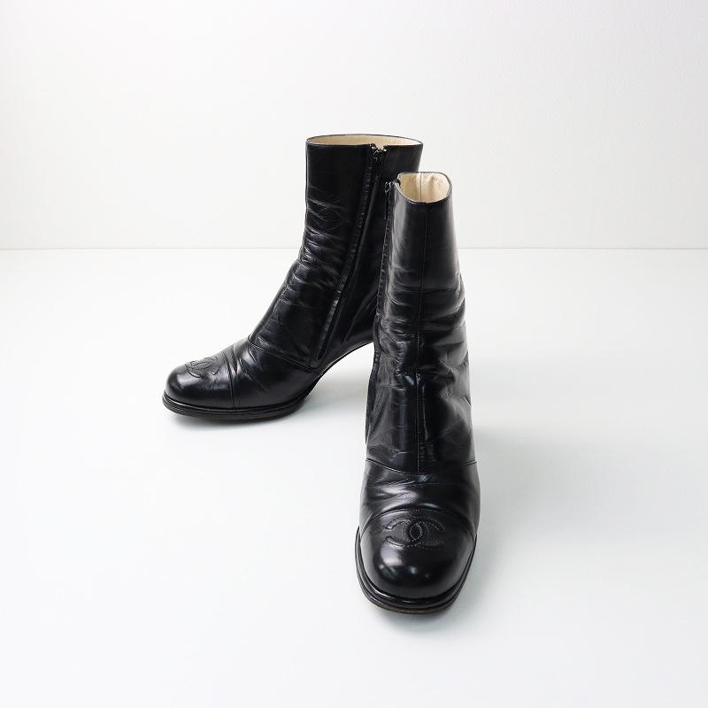 CHANEL シャネル ココマーク刺〓 サイドジップ チャンキーヒール 