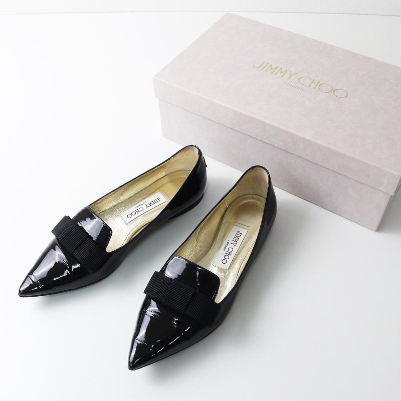 JIMMY CHOO ジミーチュウGALA フラットリボンパンプス 表記37 美品 ジミーチュウ JIMMY CHOO GALA パテントレザーリボンポインテッド