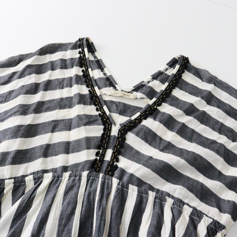 サラマリカ ワンピース　L 定価2.4万 サラマリカ Sara mallika コットン ストライプ V
