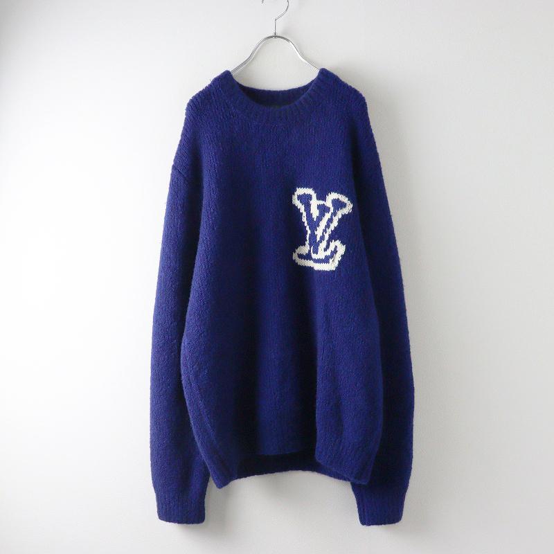 【美品】ルイヴィトン LVインタルシアクルーネックニット セーター ブルー louis vuitton インタルシアクルーネックニット