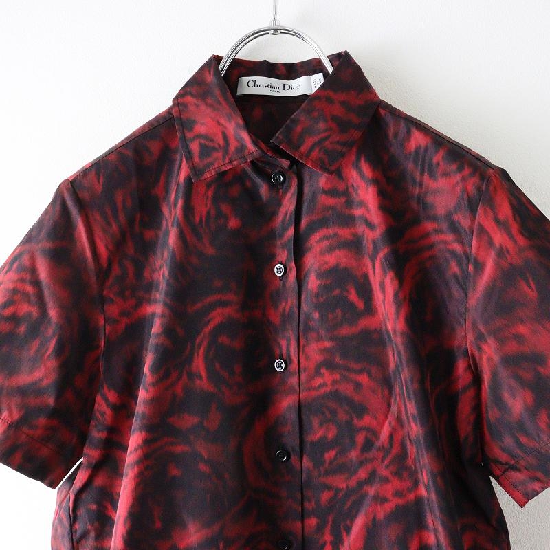 極美品 JPタグ クリスチャンディオール Christian Dior BEE刺繍入 ぼかしローズプリント シルク半袖シャツ 38//レッド【2400014638783】 極美品 JPタグ クリスチャンディオール Christian Dior BEE刺繍入