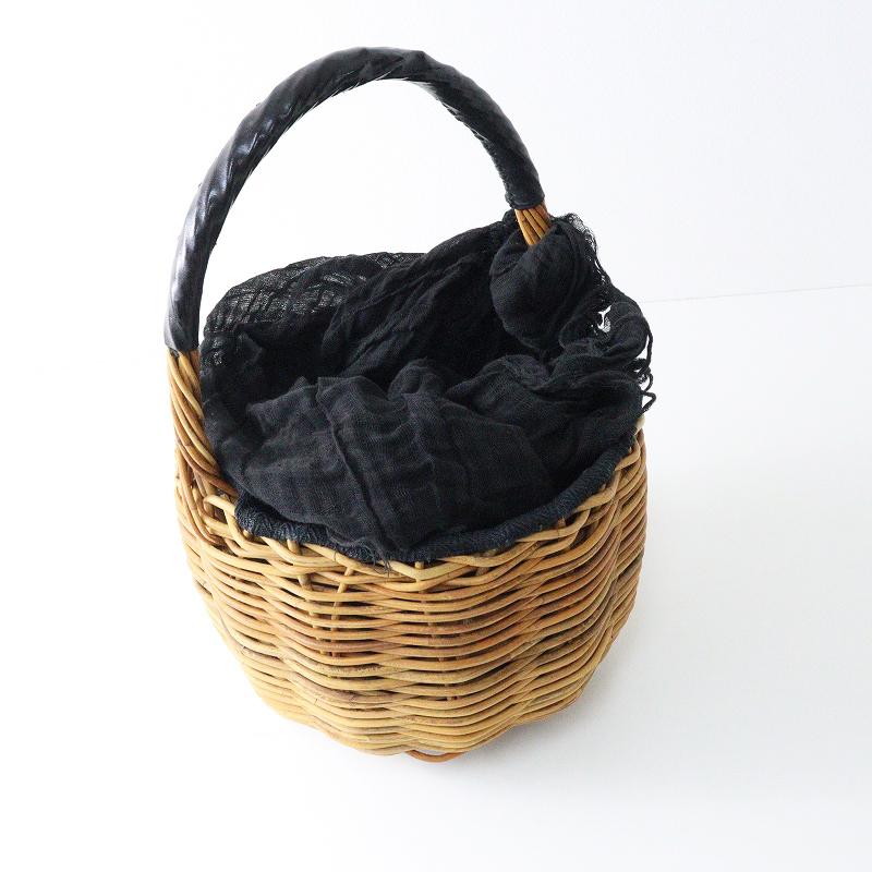 エバゴス ebagos 一本手 レザー 紅籐 かごバッグ＼ベージュ ブラック リネン被せ バケツ型 バスケット ナチュラル【2400014639476】の画像