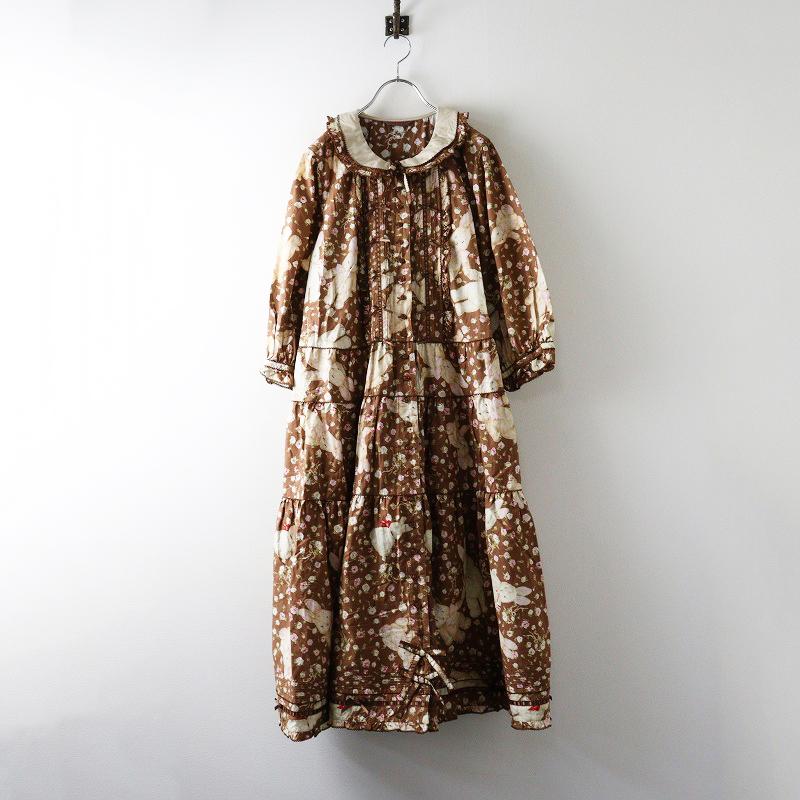 ピンクハウス　バラ園うさぎプリントミディワンピース　ショコラ 未使用 2025AW ピンクハウス PINK HOUSE バラ園うさぎプリントミディ