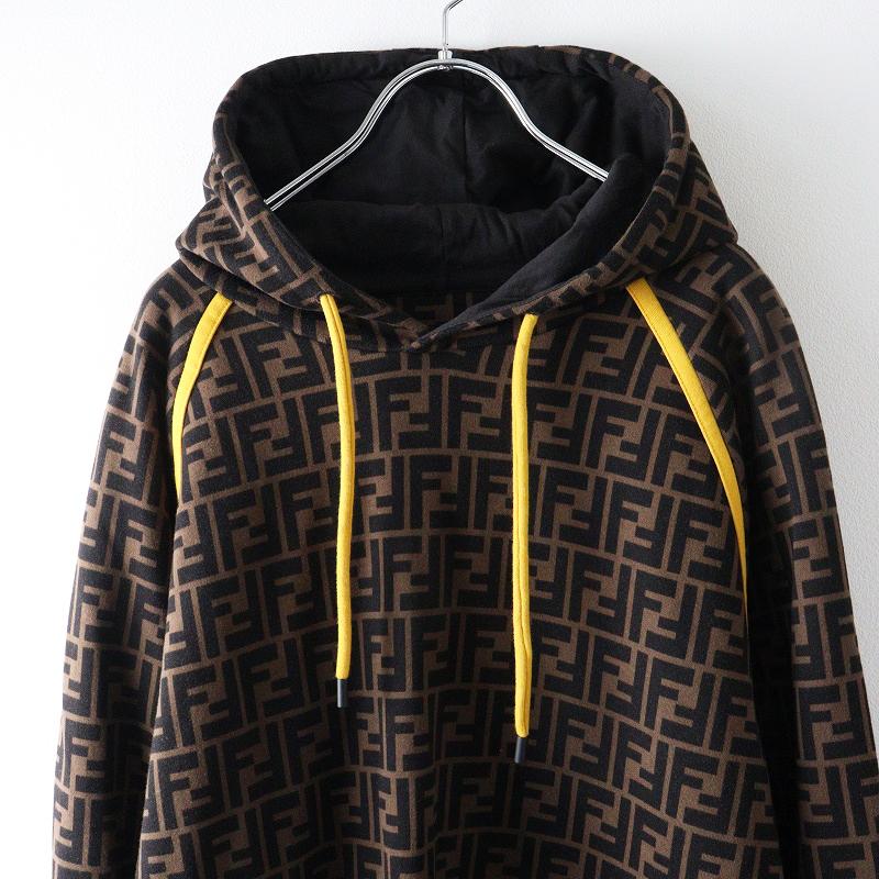 メンズ 良品 JPタグ 2019年 フェンディ FENDI ズッカ柄 配色トリミング プルオーバーパーカー L ブラウン//┃【2400014786989】 FENDI（フェンディ） メンズ 良品 JPタグ 2019年 ズッカ柄 配色