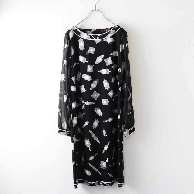 【美品】LEONARD レオナール 近年モデル　カンカン素材 ワンピース 38 美品 レオナール LEONARD カンカン素材 モノトーンプリント シアー