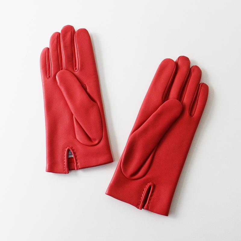 レディース 美品 HERMES レザーグローブ 羊革 ラムスキン レッド