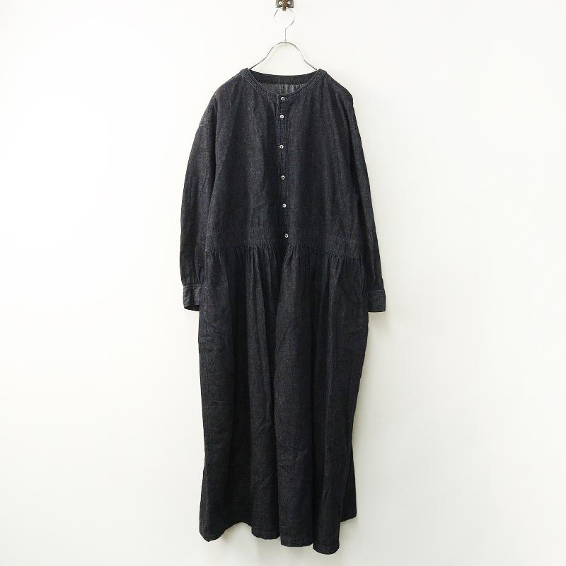 【ネストローブ】リネンシャツワンピース　ギャザー　フレア　黒　フリーサイズ 2023AW ネストローブ nest Robe コットンリネンダンガリーギャザー