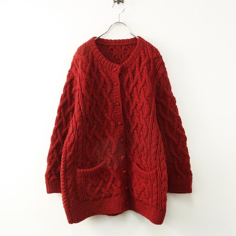 2022AW ネストローブ nest Robe  ペルーハンドニットケーブルカーディガン F‖レッド トップス 羽織り ざっくり【2400014872309】 2022AW ネストローブ nest Robe ペルーハンドニットケーブル