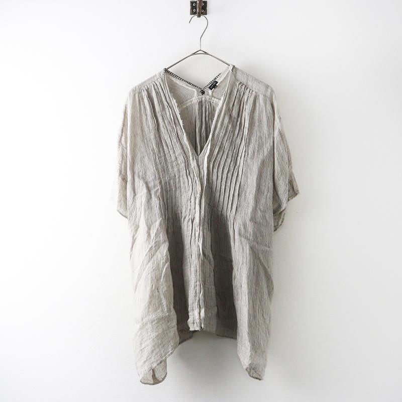 パドカレ pas de calais リネンストライプピンタックブラウス 36