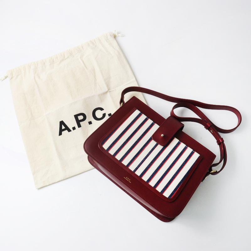 A.P.C. アーペーセー Albane レザーショルダーバッグ/ワインレッド スムースカーフスキンレザー ストライプ【2400014978971】