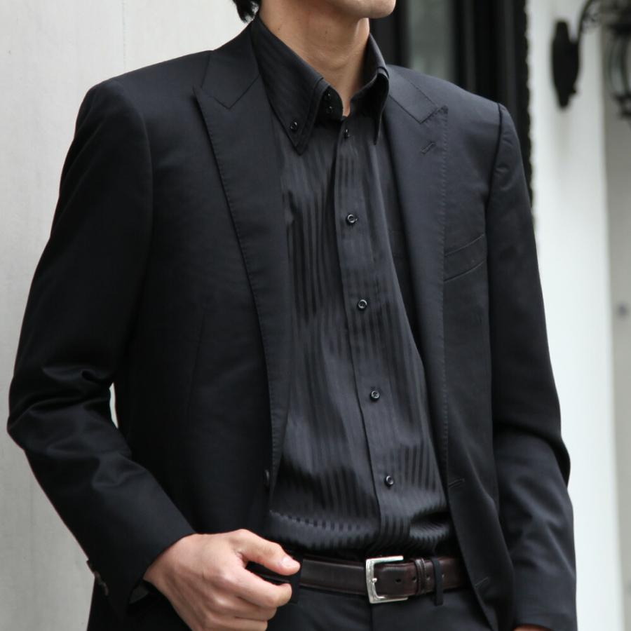 男が際立つ黒のストライプ】 襟高デザイン ワイシャツ 長袖 ボタン