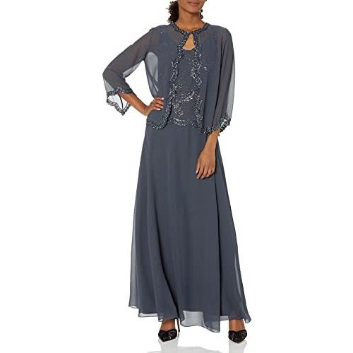 J Kara Women's Beaded Jacket Dress Grey/Gun 10