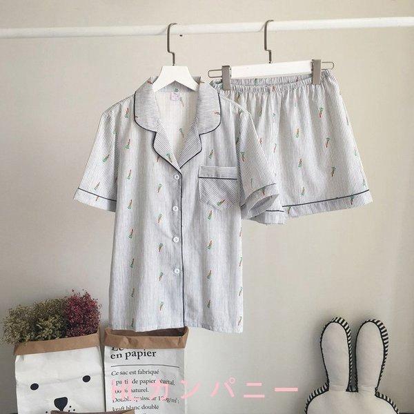 激安通販専門店 パジャマレディース夏半袖klパジャマ前開き2点セットパジャマショットパンツ綿パジャマシャツパジャマ可愛いルー