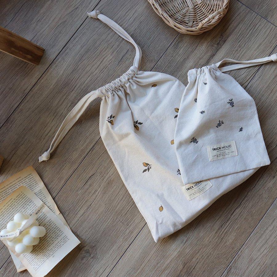 【2点までネコポス可】cotton pouch（vintage lemon & vintage blueberry）2枚set　レモン　ブルーベリー　パウチ　巾着　ポーチ　韓国製 | 