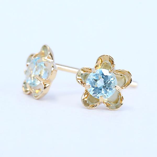 フラワー ブルートパーズピアス K18 花 カラーストーンピアス 