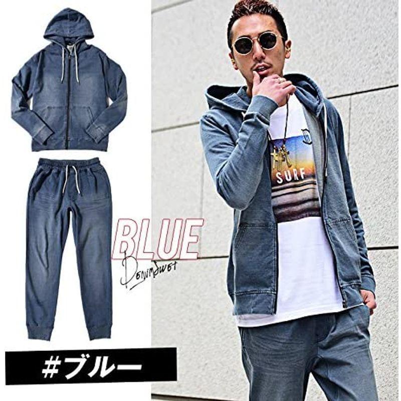 流行 ルービック Rubik ブルー M スキニー カットデニム パンツ スウェット ジョガーパンツ トレーナー パーカー メンズ セットアップ トレーナー