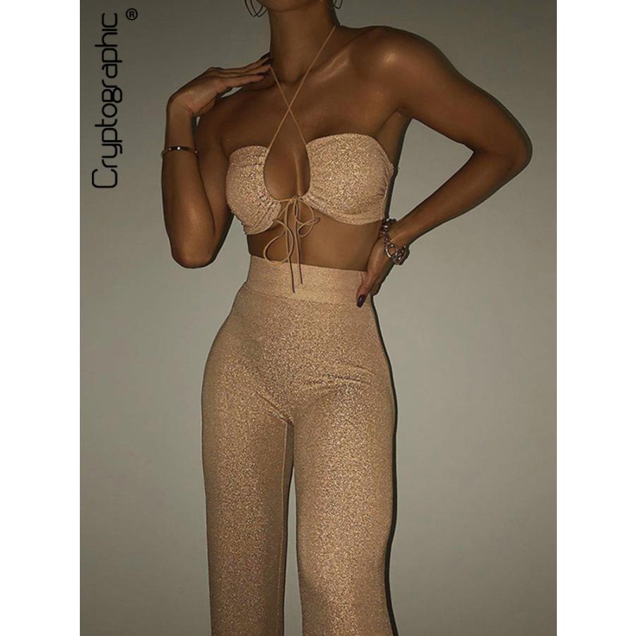 トップス パンツ クロップ ホルターネック フレア レディース