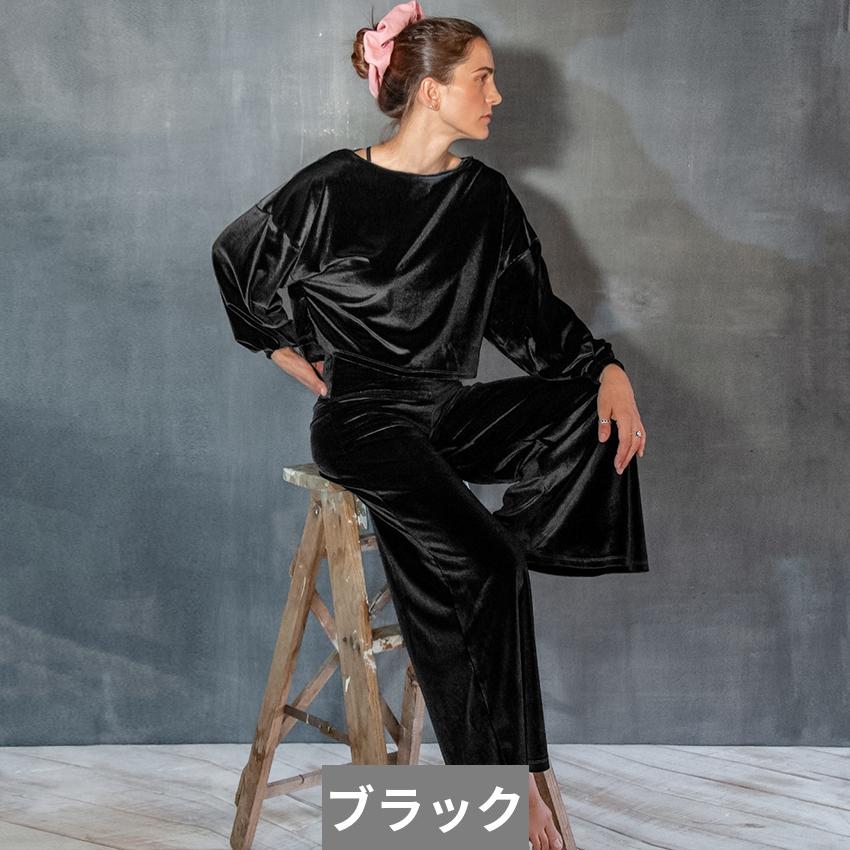 パンツスーツ トップス パジャマ パンツ ハイウェスト クロップ フレア ベロア レディース_6