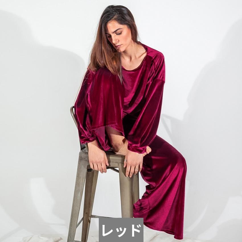 パンツスーツ トップス パジャマ パンツ ハイウェスト クロップ フレア ベロア レディース_7