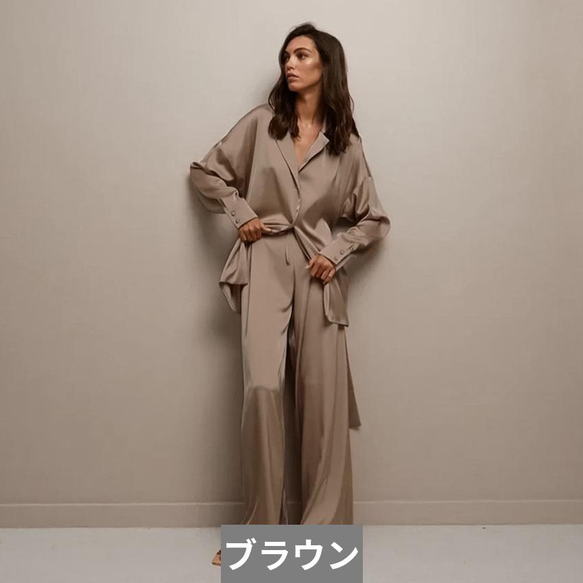 パンツスーツ 部屋着 トップス パジャマ パンツ レース ターンダウン ワイド カジュアル レディース