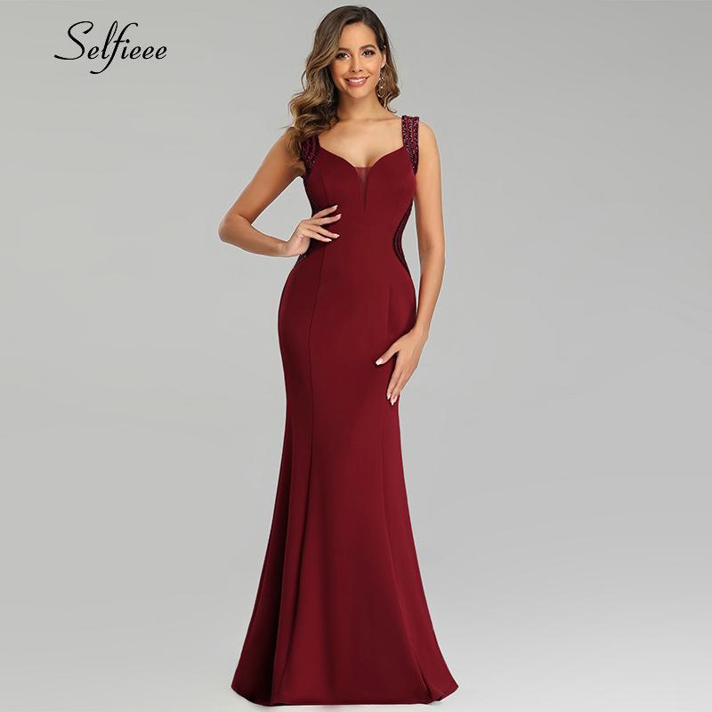 ドレス 袖無し ブルゴーニュ スパンコール ボディコン マーメイド おしゃれ かわいい セクシー 大人