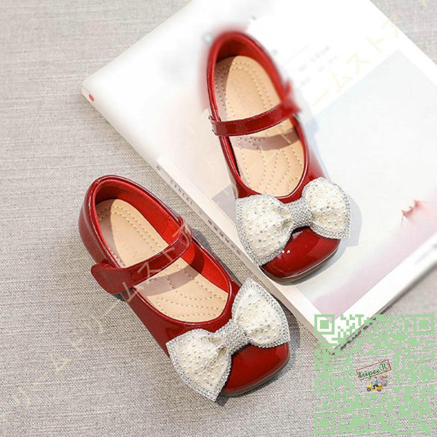 激安特価 フォーマルシューズ 子供 ピアノ発表会 キッズ ドレスシューズ レザー 本革 ぺたんこ スクエアトゥ マジックテープ リボン ラインストーン 結婚式 女の子 靴 フォーマルシューズ サイズ 19 0cm
