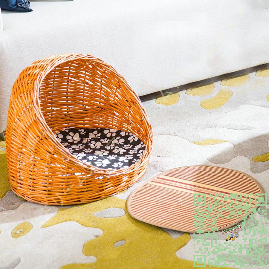 猫ハウス 通年利用 ドーム型 ラタン ペットベッド 藤編み 天然素材