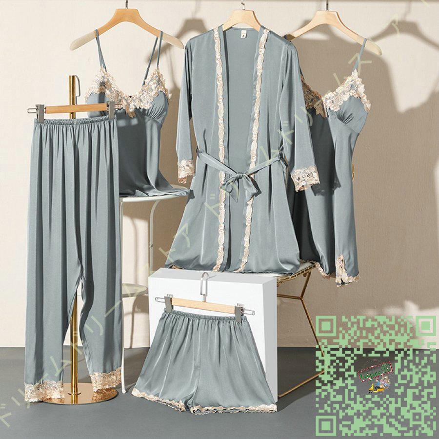 内祝い 薄手 アイスシルク 春秋 レディース パジャマ ルームウェア グリーン 部屋着 光沢 キャミソール さらさら レース Vネック 5点セット 無地 スリム 前開き パジャマ サイズ Xl Ciudadanoscampana Ar