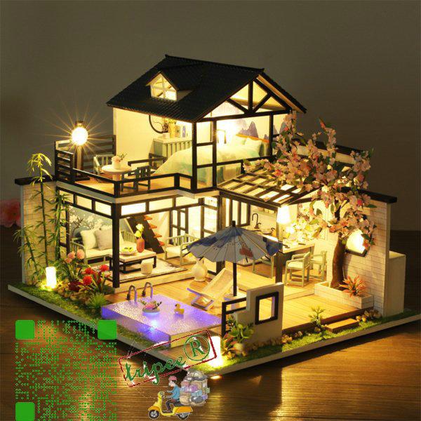 家具付きDIYドールハウスミニチュアキットLEDライト付き3D木製