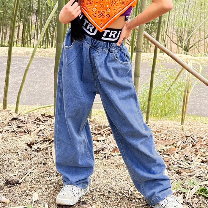 キッズダンス衣装 ハイウェスト ロゴテープ デニムパンツ 女の子
