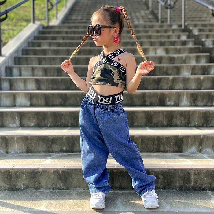 キッズダンス衣装 ハイウェスト ロゴテープ デニムパンツ 女の子