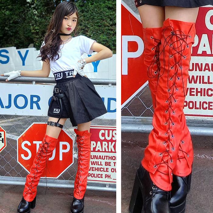 レースアップフェイクレザー レッグウォーマー 編み上げ ブーツカバー