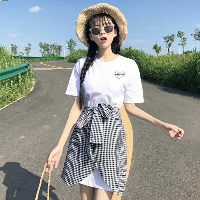 ジュニア服 ワンピース 腰巻き風スカート 2点セット 女の子 チェック柄 ジュニア服 チュニック 半袖 半そで オーバーサイズシャツ Tシャツ ブラック ホワイト Set 334 うちの子が一番 通販 Yahoo ショッピング