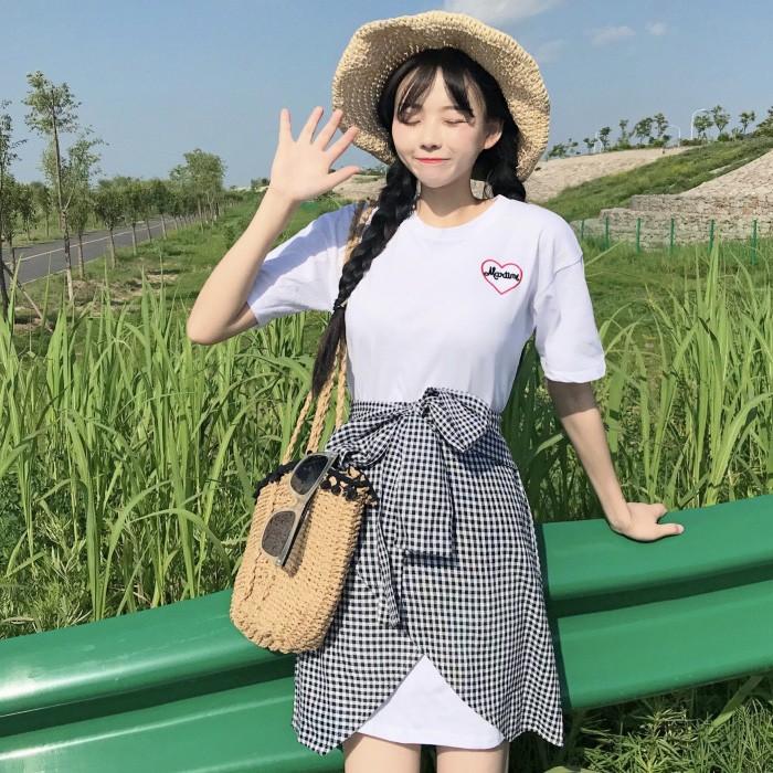 ジュニア服 ワンピース 腰巻き風スカート 2点セット 女の子 チェック柄 ジュニア服 チュニック 半袖 半そで オーバーサイズシャツ Tシャツ ブラック ホワイト Set 334 うちの子が一番 通販 Yahoo ショッピング