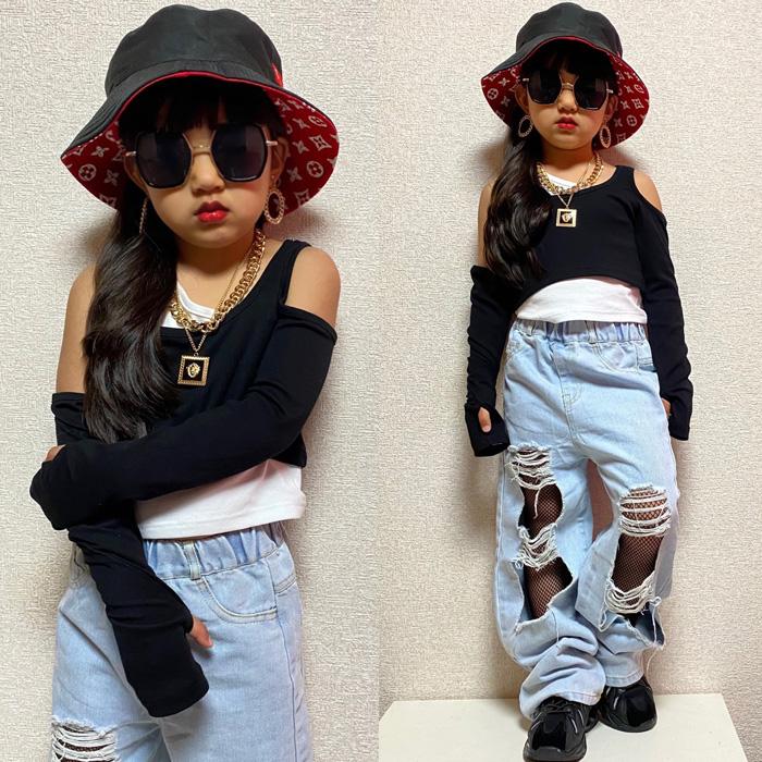 上下2点セット ダメージジーンズと肩出しトップス ロゴ ワンポイント 女の子 子供服 キッズ ハイウェスト ダメージ加工 ライトブルー ブラック ヒップホップ |  | 11