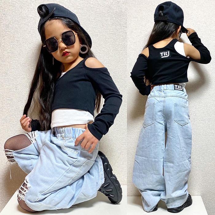 上下2点セット ダメージジーンズと肩出しトップス ロゴ ワンポイント 女の子 子供服 キッズ ハイウェスト ダメージ加工 ライトブルー ブラック ヒップホップ |  | 12