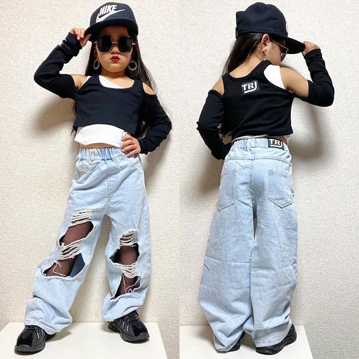 上下2点セット ダメージジーンズと肩出しトップス ロゴ ワンポイント 女の子 子供服 キッズ ハイウェスト ダメージ加工 ライトブルー ブラック ヒップホップ |  | 02