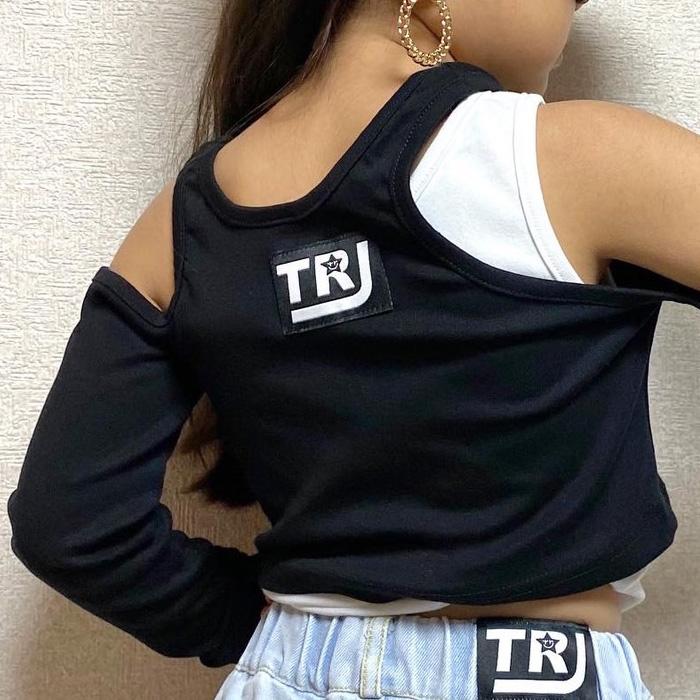 上下2点セット ダメージジーンズと肩出しトップス ロゴ ワンポイント 女の子 子供服 キッズ ハイウェスト ダメージ加工 ライトブルー ブラック ヒップホップ |  | 08