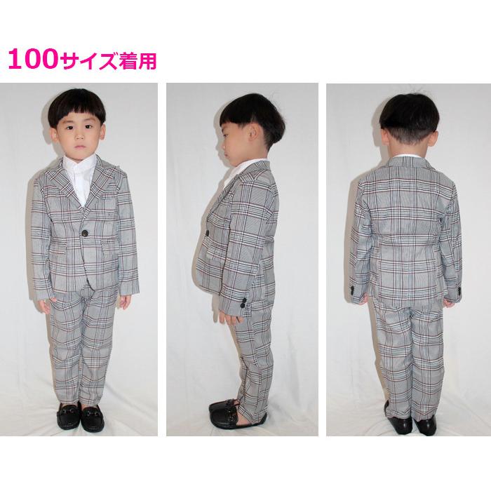 美品　子供用 男児 フォーマル4点セット 110cm グレー系チェック 男の子 子供スーツ 10点セット フォーマル スーツ 3ピース