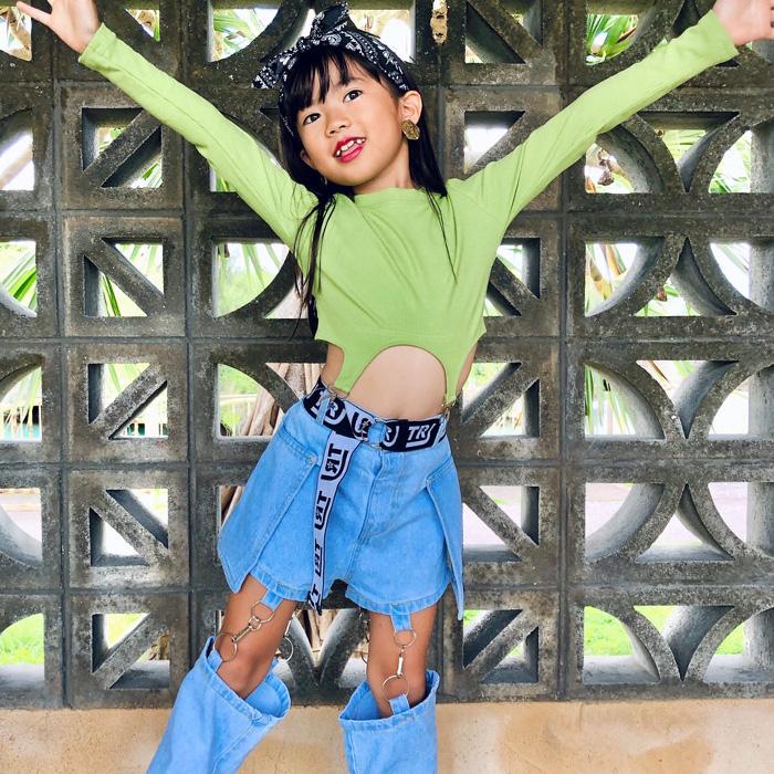 キッズダンス衣装 上下2点セット ロングTシャツとデニムパンツセット