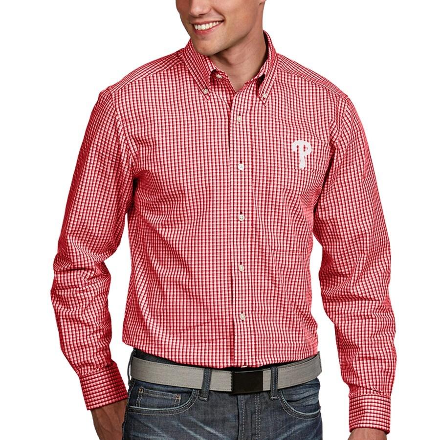 正規激安 メンズ Red - Shirt Sleeve Long Dress Button-Down Associate Antigua Phillies" "Philadelphia シャツ パーカー