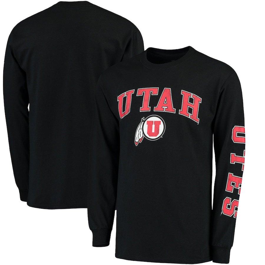 ブランドのギフト ファナティックス Black - T-Shirt Hit Sleeve Long Logo Over Arch Distressed Branded Fanatics Utes" "Utah ロンT 長袖 Tシャツ メンズ シャツ、タンクトップ